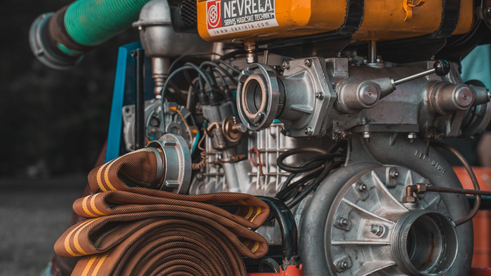Temporary industrial pump and hose equipment prepared for field operation